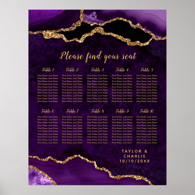 Poster Purple and Gold Agate Wedding Seating Chart (Devant)