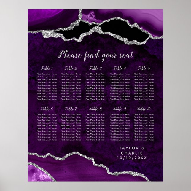 Poster Purple and Silver Agate Wedding Seating Chart (Devant)