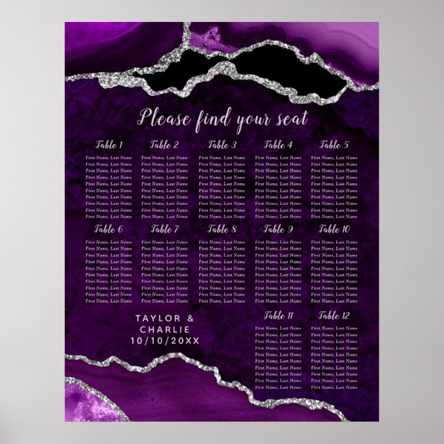 Poster Purple and Silver Agate Wedding Seating Chart (Devant)