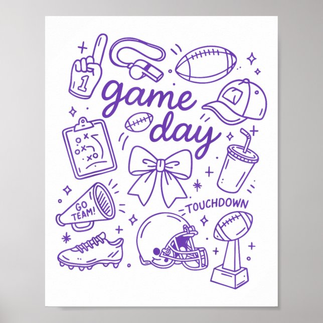 Poster Purple Coquette Bow Cheer Game Day Doodle Touchdow (Devant)