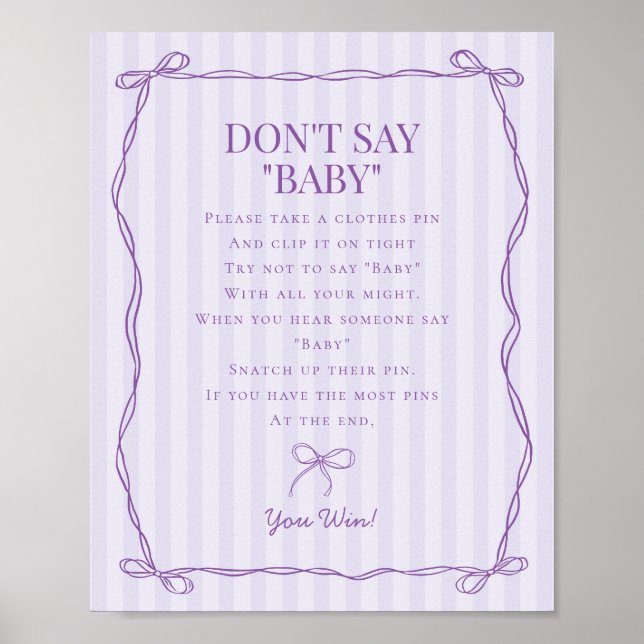 Poster Purple Coquette Bow ne pas dire Baby shower jeu (Devant)