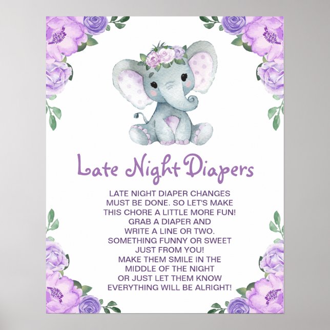 Poster Purple Elephant Late Night Diapers Baby shower Jeu (Devant)