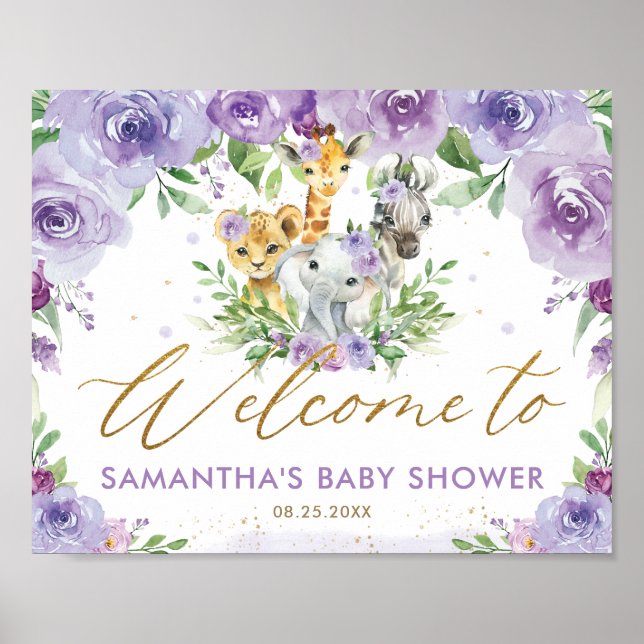 Poster Purple Floral Jungle Animaux Baby shower Bienvenue (Devant)