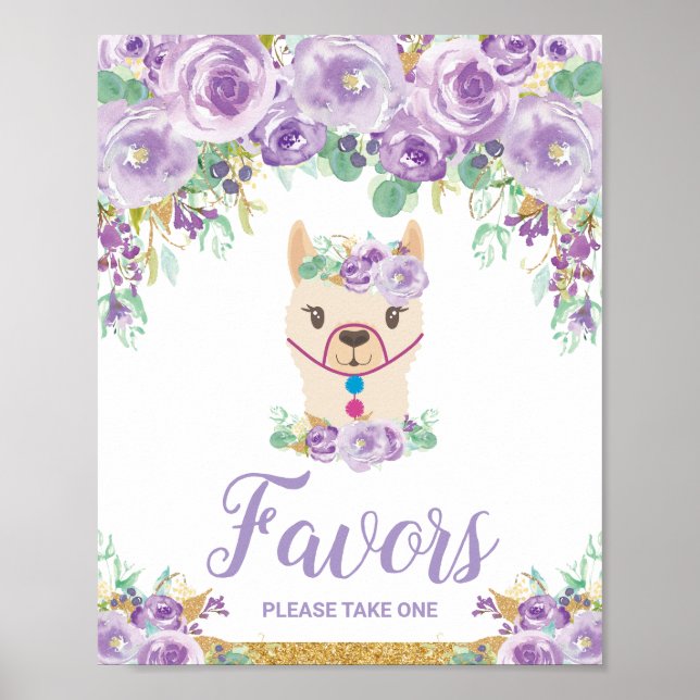 Poster Purple Floral Llama Baby shower Anniversaire Faveu (Devant)