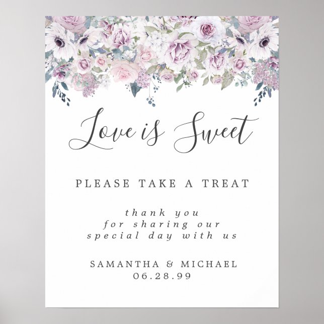 Poster Purple Floral Love is Sweet Dessert Bar Panneau (Devant)