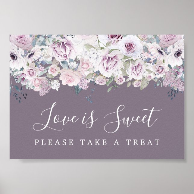 Poster Purple Floral Love is Sweet Dessert Bar Panneau (Devant)