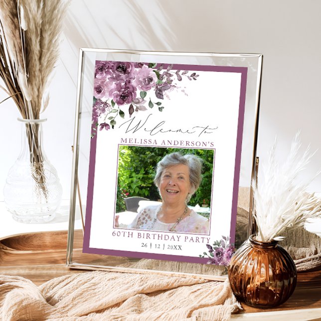 Poster Purple Floral Photo 60th Birthday Welcome (Créateur téléchargé)