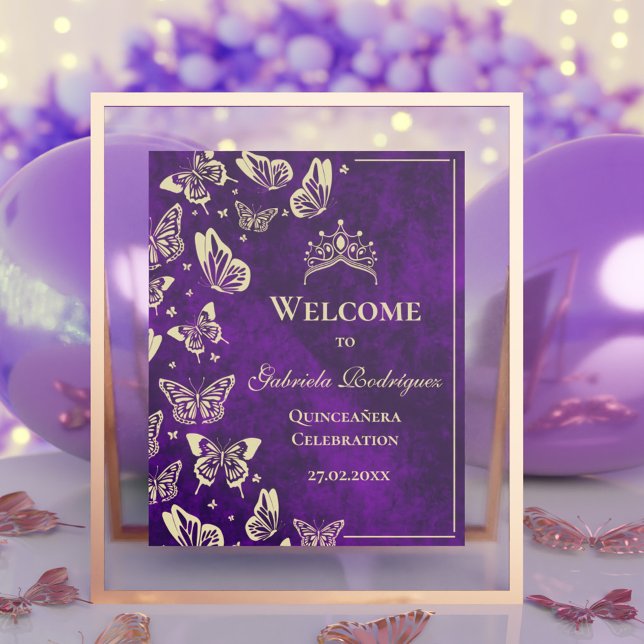 Poster Purple Gold 15e anniversaire Quinceañera Bienvenue (Purple Gold 15th Birthday Quinceañera Welcome Poster)