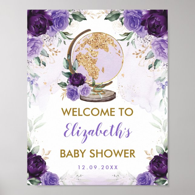 Poster Purple Gold Floral Voyage aventure Baby shower (Devant)