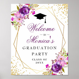 Poster Purple Golden Floral Welcome Graduation Party