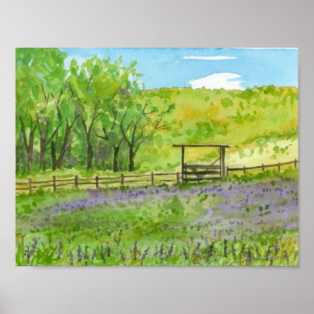 Poster Purple Lupines Field Aquarelle Paysage Peinture (Devant)
