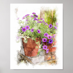 Poster Purple Pétunia Fleurs Aquarelle Peinture Numérique