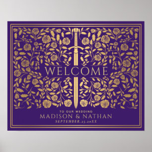 Poster Purple Royal Medieval Gold Sword Wedding Welcome