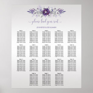 Poster Purple Silver Gray Watercolor Floral Seating Chart