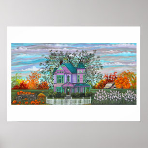 Poster Purple Victorian House Wagon Citrouilles Automnes