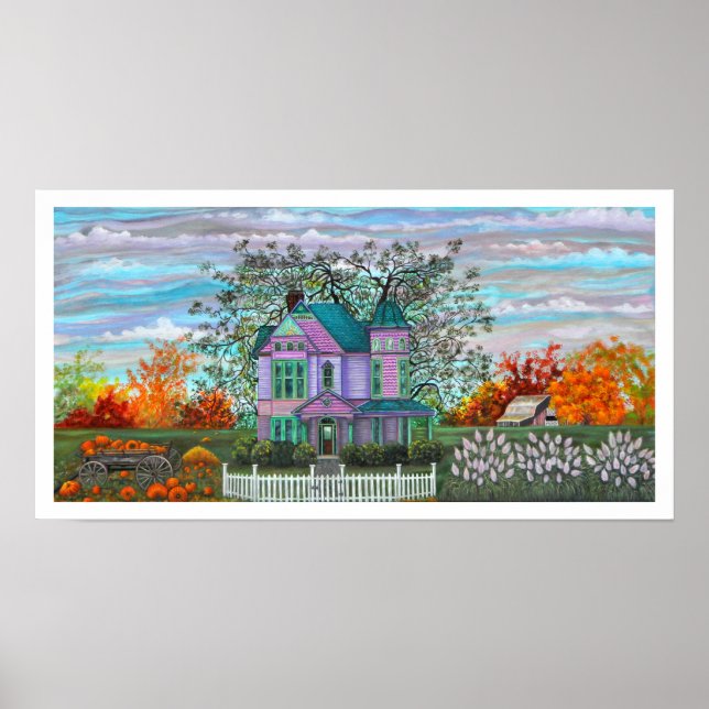 Poster Purple Victorian House Wagon Citrouilles Automnes  (Devant)