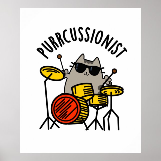 Poster Purr-cussionniste Funny Drummer Cat Pun (Devant)