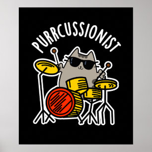 Poster Purr-cussionniste Funny Drummer Cat Pun Dark BG