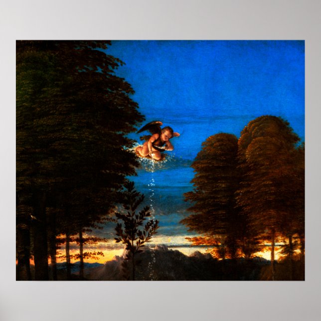 Poster Putto In Blue Sky déverse une cascade de fleurs bl (Devant)