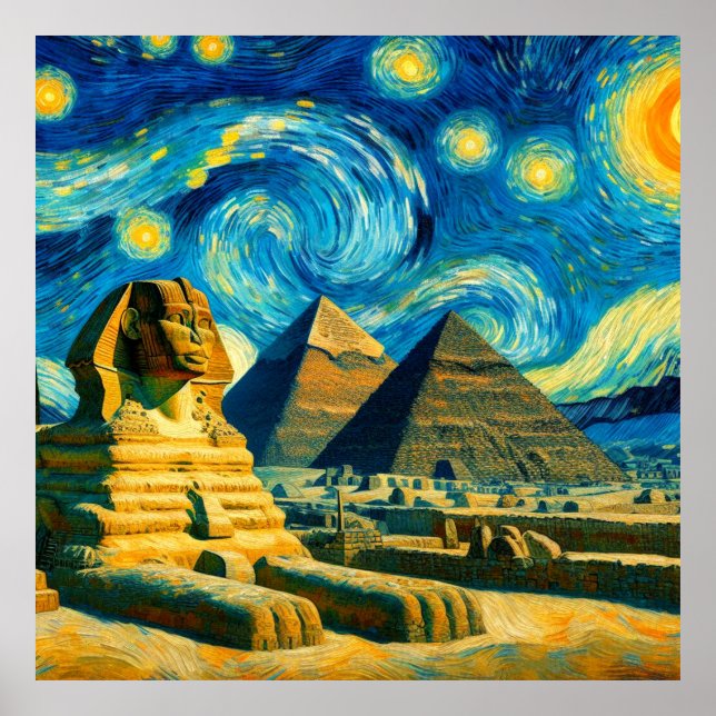 Poster Pyramides nocturnes étoilées Sphinx Egypte (Devant)