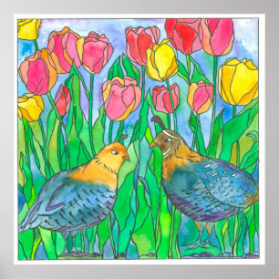 Poster Quail Pink Tulips Oiseau Aquarelle Peinture