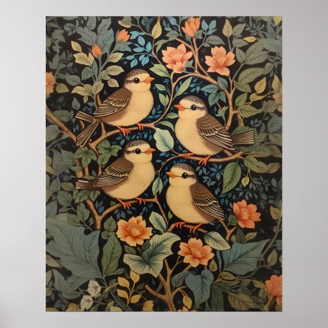 Poster Quatre Bébés mignons Oiseaux Nature Inspiré (Devant)