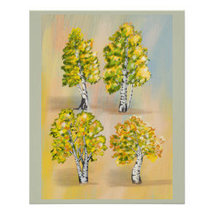 Poster Quatre bouleaux en couleurs, botanique.