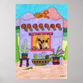 Poster Quatre chats dans une maison violette Adobe House
