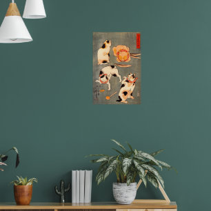 Poster Quatre chats différentes poses illustrant Japonais
