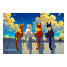 Quatre chats regardant le coucher du soleil