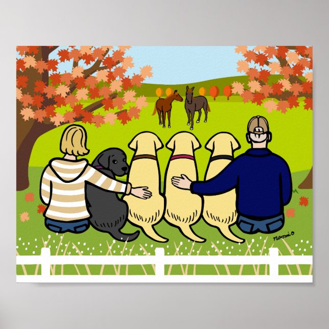 Poster Quatre Labradors et Parents en automne (Devant)