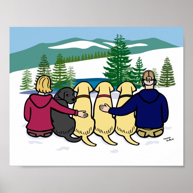 Poster Quatre Labradors et parents Vue d'hiver (Devant)