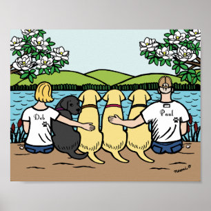 Poster Quatre Labradors et Parents Vue lac