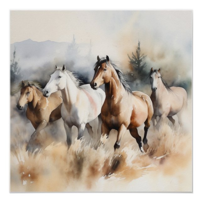 Poster "Quatre Mustangs sauvages" Aquarelle occidentale D (Devant)