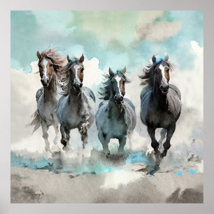 Poster Quatre mustangs sauvages galopent à travers la pra