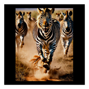 Poster Quatre zèbres courant à travers la savane tandis q