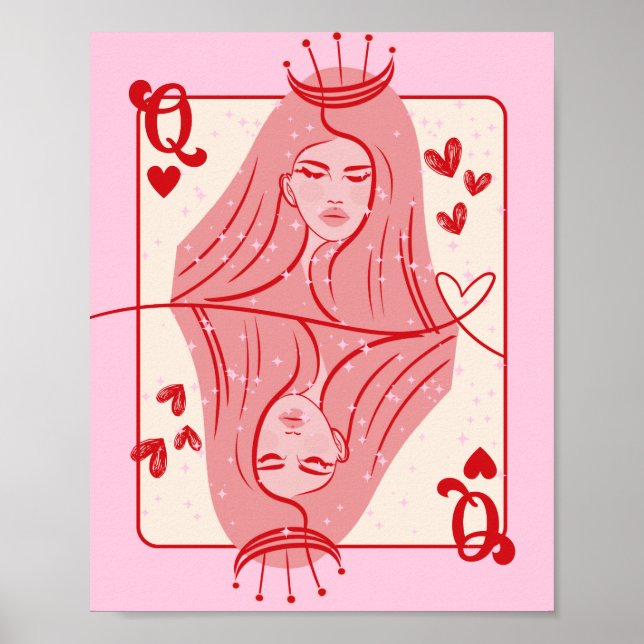Poster Queen of Hearts Red and Pink Preppy Art (Devant)