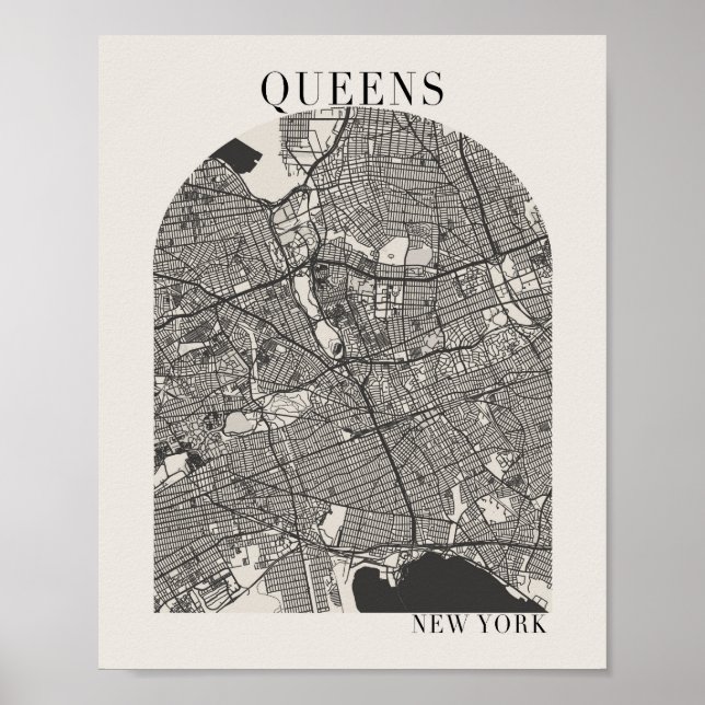 Poster Queens New York Boho Arch Beige Street Carte (Devant)