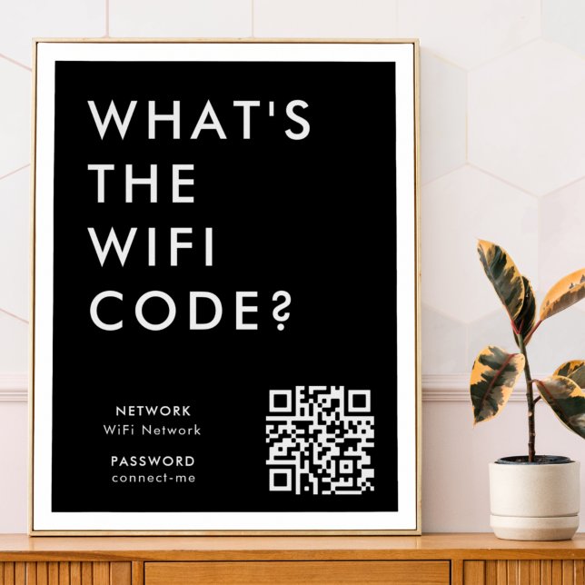 Poster Quel est le code WiFi ? | Mot de passe réseau noir (What's the WiFi Code? poster print with QR code to connect seamlessly to your Wi-Fi)