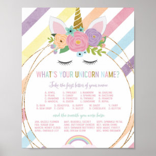 Poster Quel est votre nom Unicorne Signer fête d'annivers