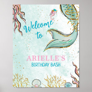 Poster Queue de sirène pailletée menthe sous la mer Bienv