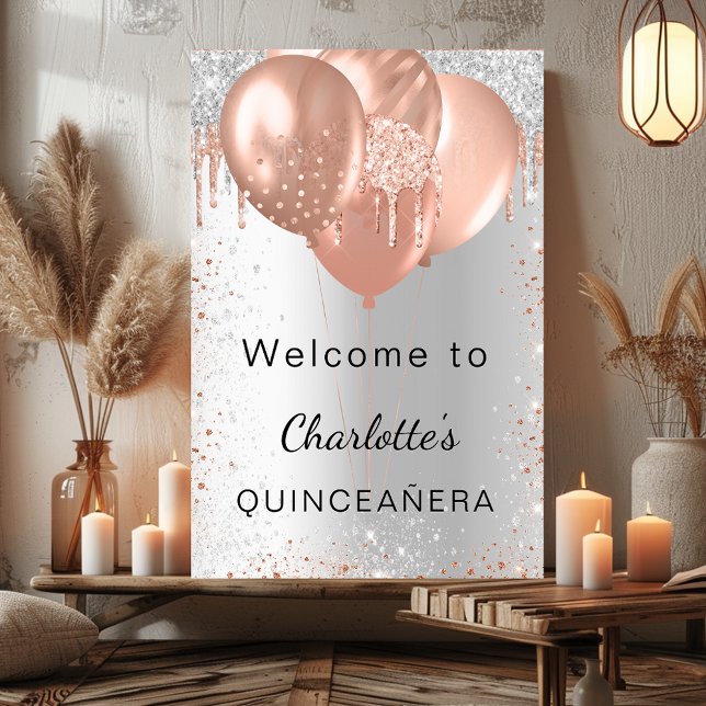 Poster Quinceanera argent rose or ballons bienvenue (Créateur téléchargé)