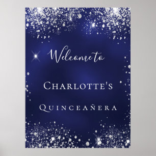 Poster Quinceanera bleu argent parties scintillant poussi
