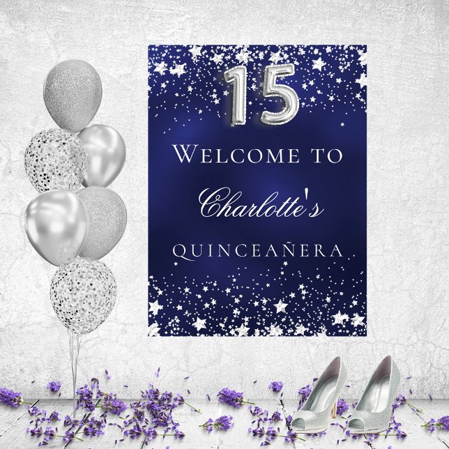 Poster Quinceañera bleu argent stars bienvenue (Créateur téléchargé)
