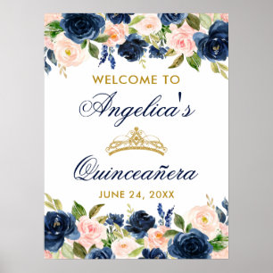 Poster Quinceanera bleu rose Floral Couronne or