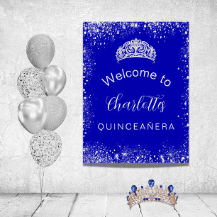 Poster Quinceanera bleu royal pailleté argenté de bienven