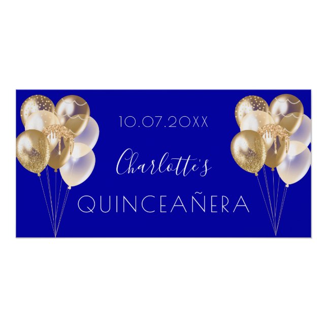 Poster Quinceanera fête des ballons d'or bleu royal (Devant)