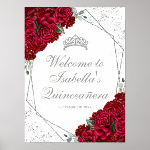 Poster Quinceanera Florale Rouge et Argent Bienvenue
