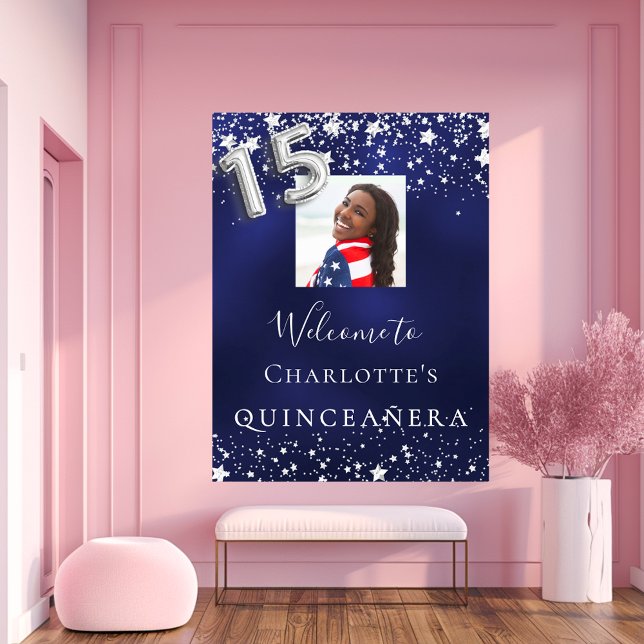 Poster Quinceanera marine bleu argent étoiles photo bienv (Créateur téléchargé)