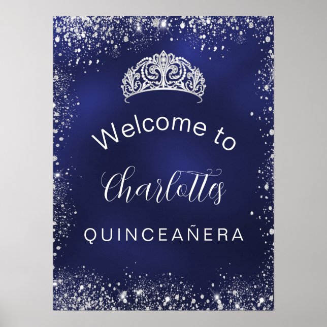 Poster Quinceanera marine bleu argent parties scintillant (Devant)